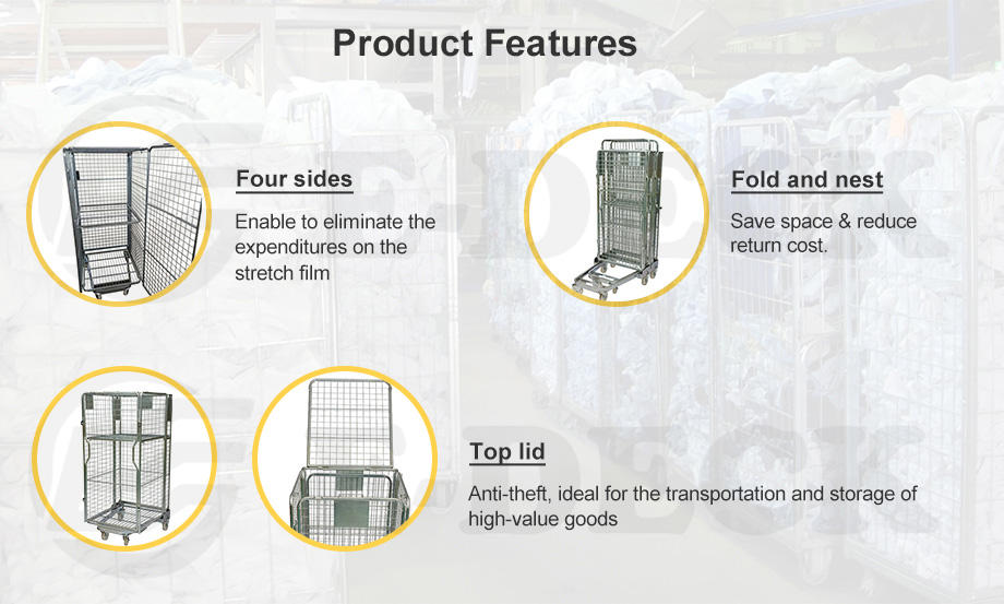 Supermarket cargo transport security storage warehouse wheeling wire mesh collapsible cart roll container with wheels