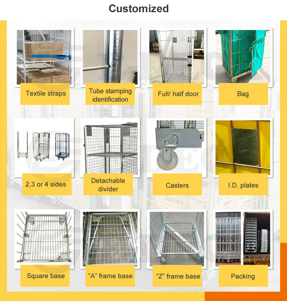 Supermarket cargo transport security storage warehouse wheeling wire mesh collapsible cart roll container with wheels