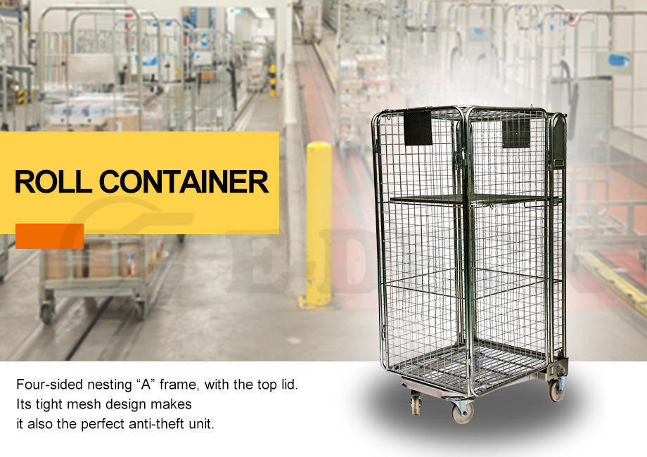 Supermarket cargo transport security storage warehouse wheeling wire mesh collapsible cart roll container with wheels
