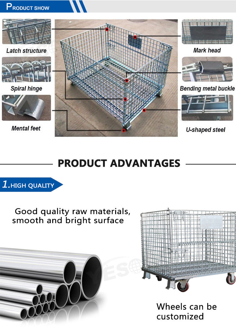Heavy Foldable wire mesh metal pallet folding warehouse lockable storage Cages wire mesh container
