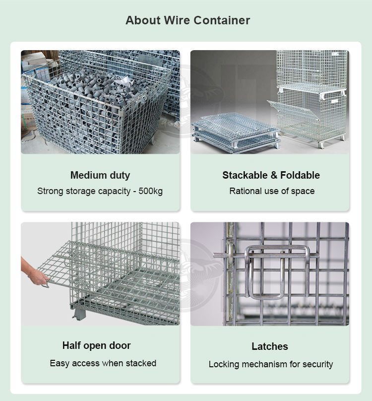 Warehouse storage collapsible bulk wire mesh pallet container with front drop gate