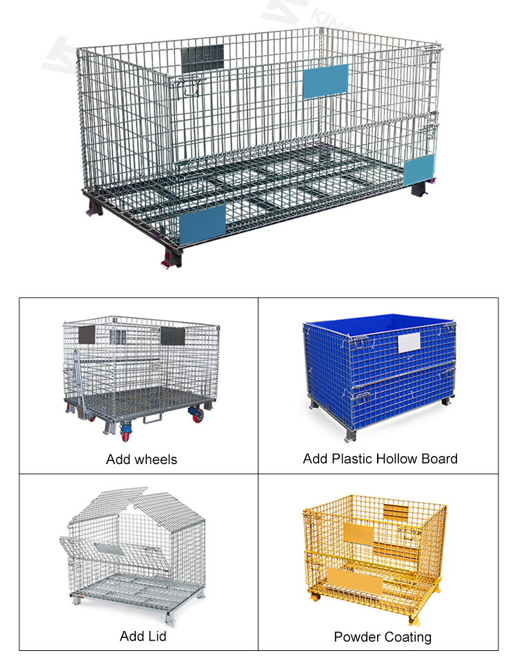 China factory galvanized metal folding cages folding container wire mesh container stackable caged pallet with plastic board