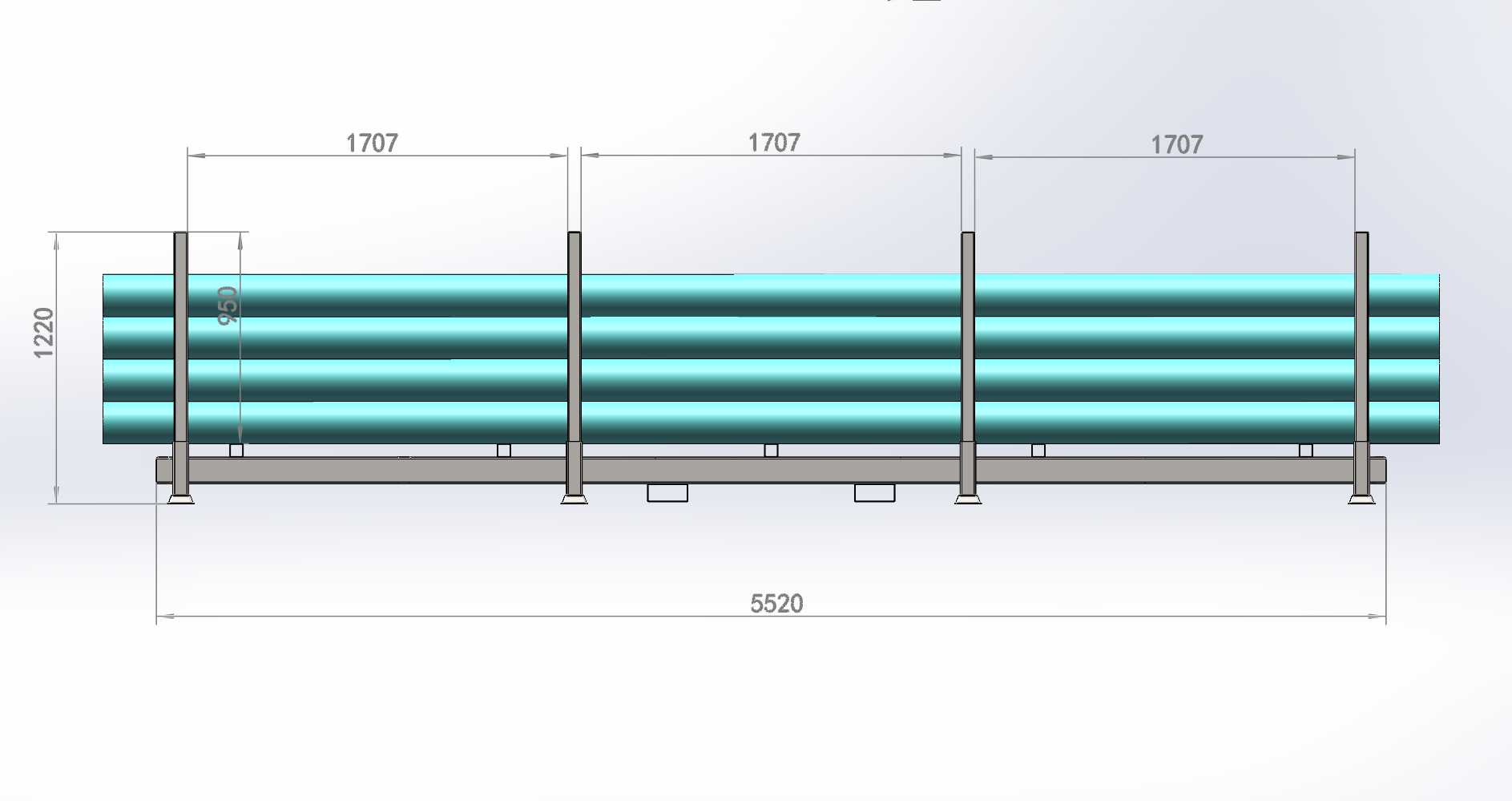 A schematic showing how 6-meter pipes fit securely within the Derack system.