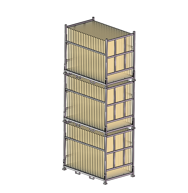 Folded shipping pallets stacked to save warehouse space.