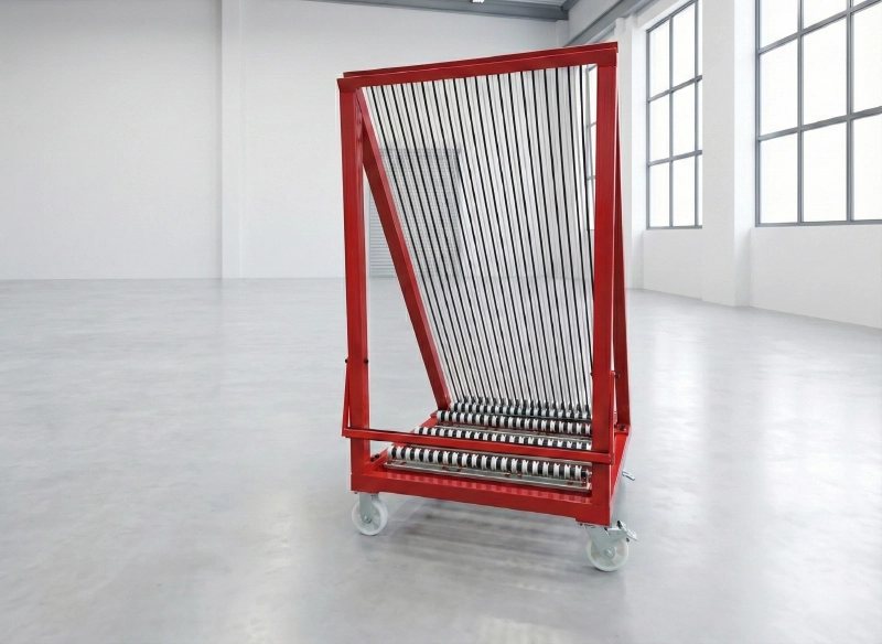 Harp rack glass trolley with numbered slots for sorting
