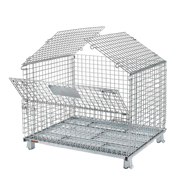 Warehouse storage collapsible bulk wire mesh pallet container with front drop gate